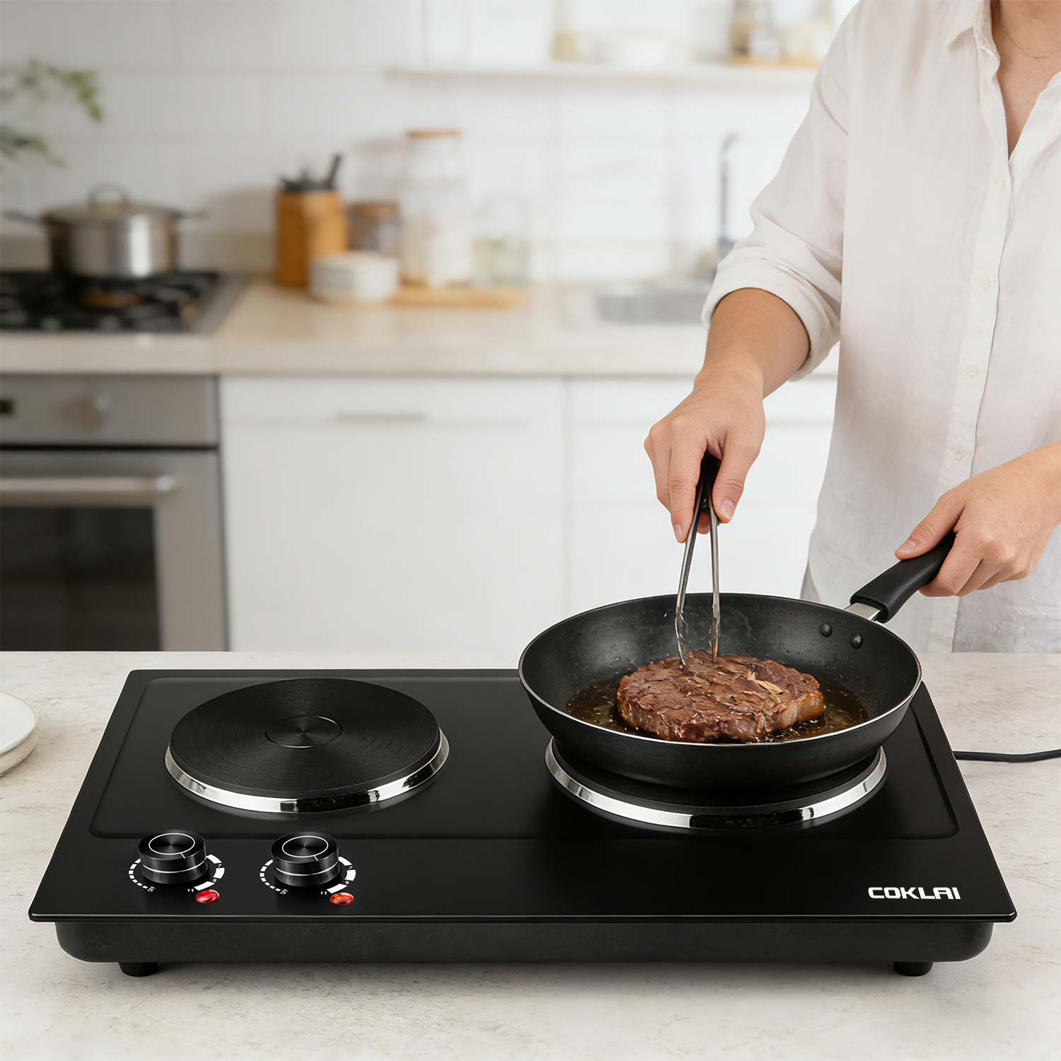 SP Coklai 1800W Portable Double Burner Hot Plate, Stainless Steel Countertop Electric Cooktop, Easy-to-Clean Silver Design, 2026 Version 24-month warranty