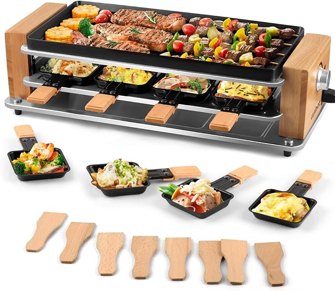 CUSIMAX Electric Indoor Grill, Home Style Grill, Convenient with Removable 2-in-1 Non-Stick Griddle, 8 Cheese Plates and Wooden Spatula, Wooden Base New Model, Essential for Indoor Grilling, Gatherings of Many People
