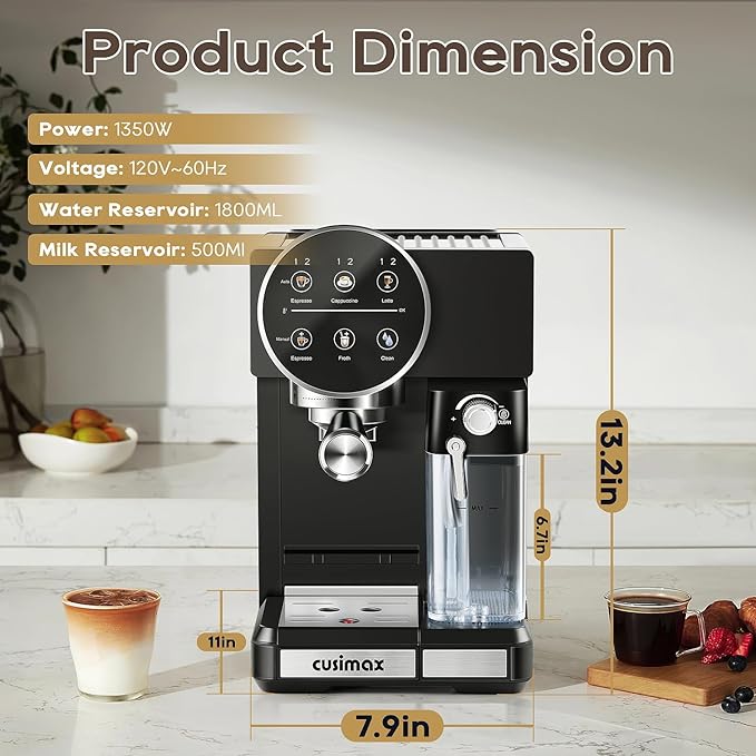CUSIMAX Professional Espresso Machine for Home Barista – 20 Bar Pressure, Milk Frother, Compact Design – Café Quality Espresso, Latte & Cappuccino Maker (15 Bar US Standard) 