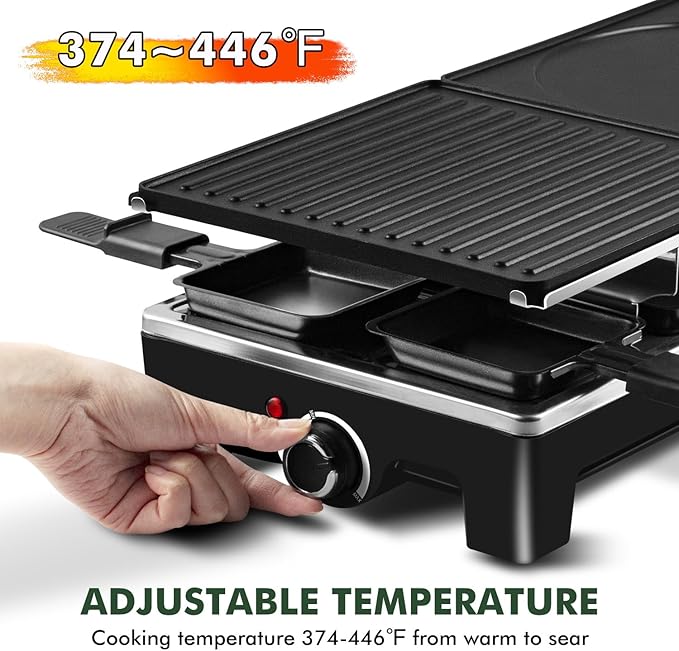 Cusimax 2-in-1 Electric Raclette & Grill – Portable Non-stick Reversible Plates for Korean BBQ, Perfect for Family Fun with 8 Paddles & Spatulas, New Black Model