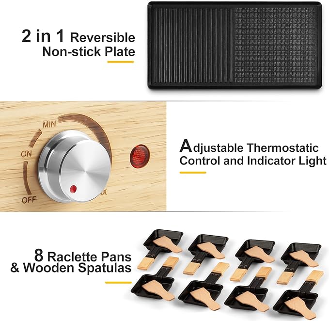CUSIMAX Electric Indoor Grill, Home Style Grill, Convenient with Removable 2-in-1 Non-Stick Griddle, 8 Cheese Plates and Wooden Spatula, Wooden Base New Model, Essential for Indoor Grilling, Gatherings of Many People