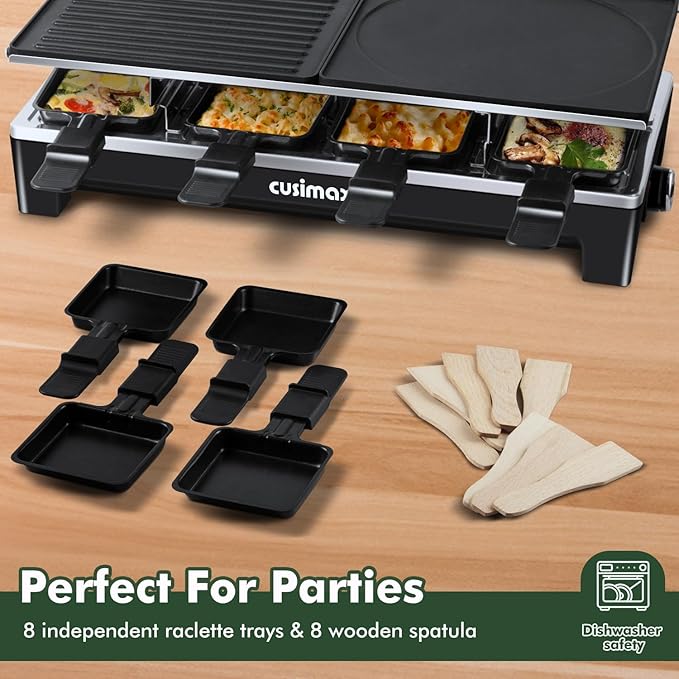 Cusimax 2-in-1 Electric Raclette & Grill – Portable Non-stick Reversible Plates for Korean BBQ, Perfect for Family Fun with 8 Paddles & Spatulas, New Black Model
