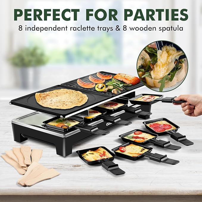 Cusimax 2-in-1 Electric Raclette & Grill – Portable Non-stick Reversible Plates for Korean BBQ, Perfect for Family Fun with 8 Paddles & Spatulas, New Black Model