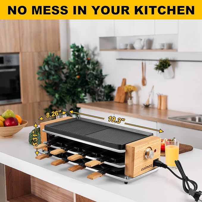 CUSIMAX Electric Indoor Grill, Home Style Grill, Convenient with Removable 2-in-1 Non-Stick Griddle, 8 Cheese Plates and Wooden Spatula, Wooden Base New Model, Essential for Indoor Grilling, Gatherings of Many People