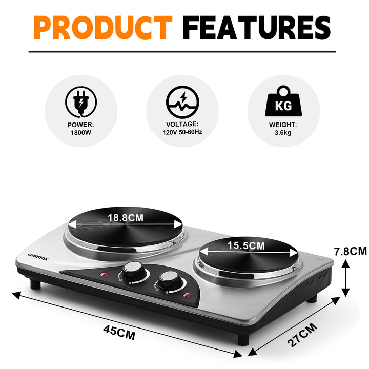 Cusimax 1800W Electric Double Hot Plate,Countertop Cast Iron Burner,Temperature Controls,Power Indicator Lights,Easy To Clean,Silver