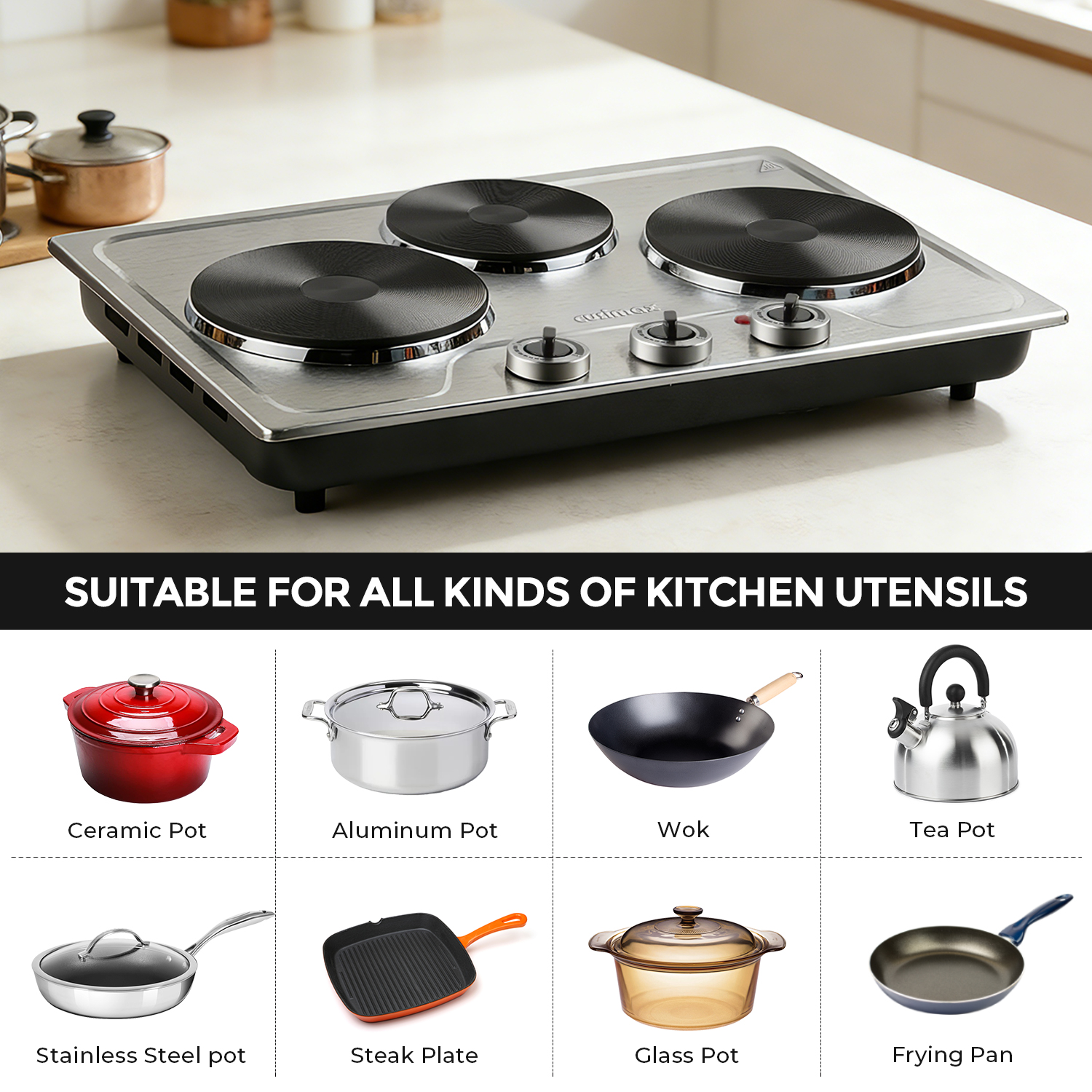 CUSIMAX 1800W Triple Burner Electric Hot Plate, Portable Stainless Steel Cooktop with 3 Independent Temperature Controls, Built-In or Countertop Electric Stove, Compatible with All Cookware