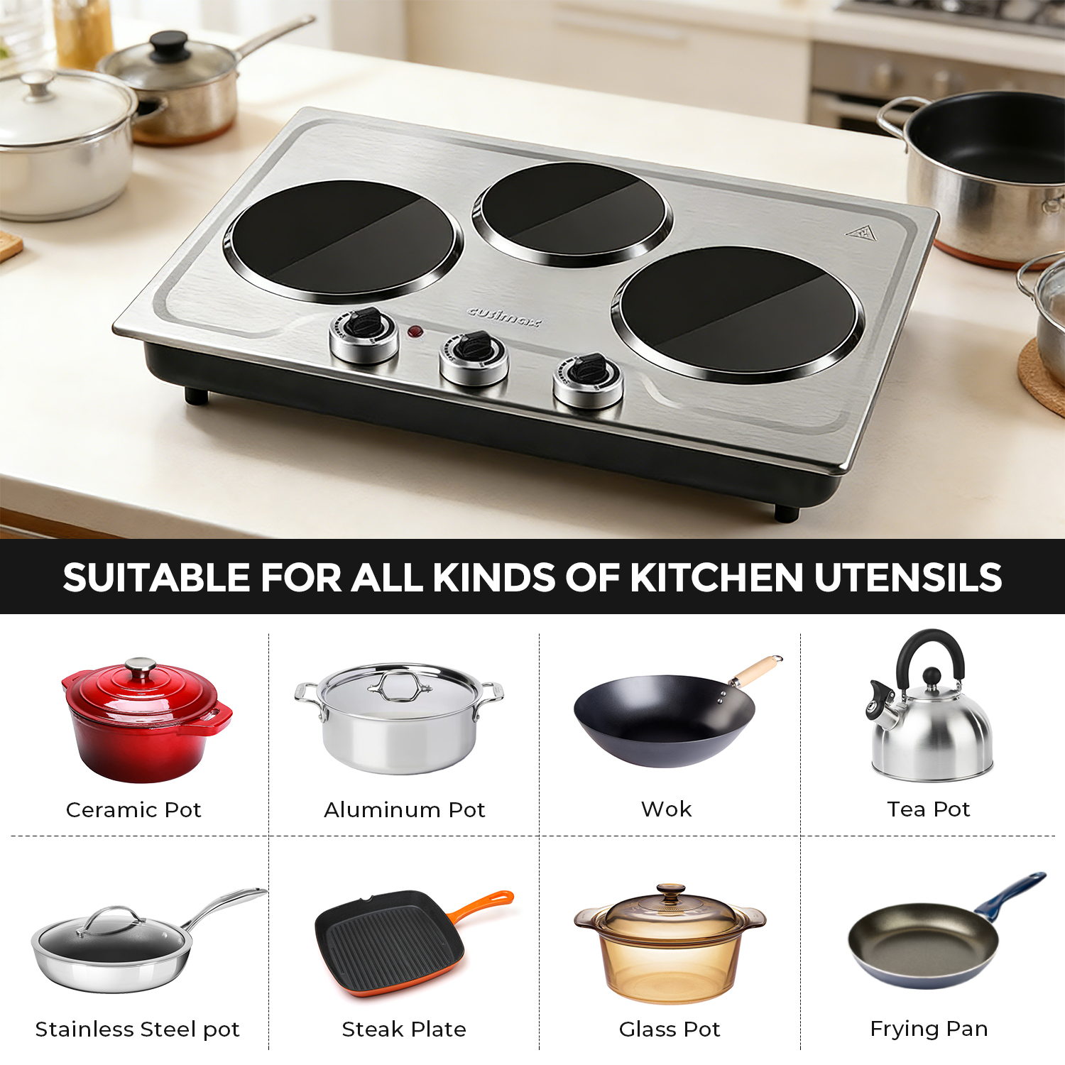 CUSIMAX 1800W Triple Infrared Electric Hot Plate, Portable Cooktop with 3 Independent Temperature Controls, Simultaneous Cooking for 3 Dishes, Compatible with All Cookware, Stainless Steel, Easy to Clean