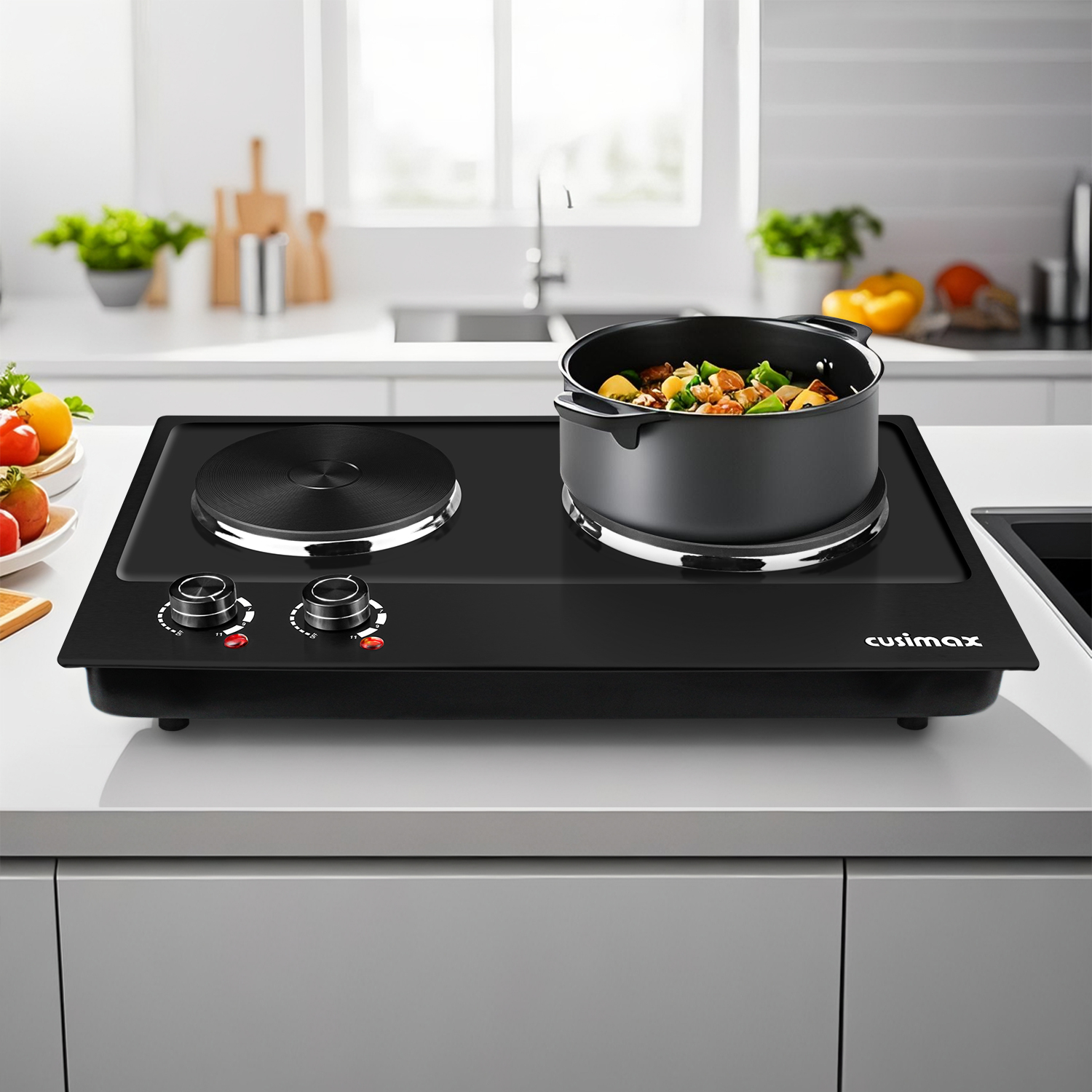 Cusimax 1800W Portable Double Hot Plate,Stainless Steel Countertop Cooktop,Cast Iron Electric Double Burner,Easy To Clean
