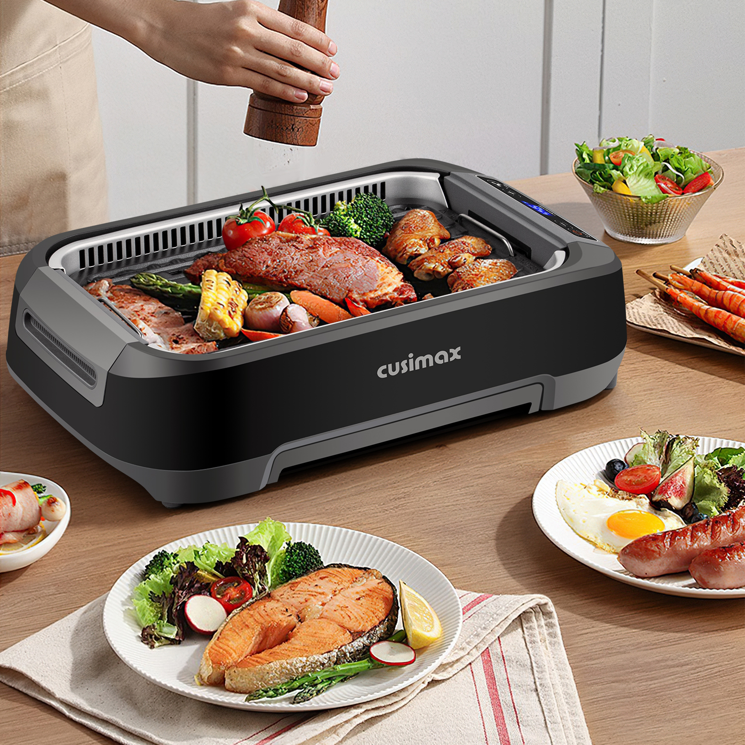 Cusimax 1500W Smokeless Indoor Grill with LED Smart Display & Non-stick Removable Grill Plate,Tempered Glass Lid,Turbo Smoke Extractor,212℉ to 446℉
