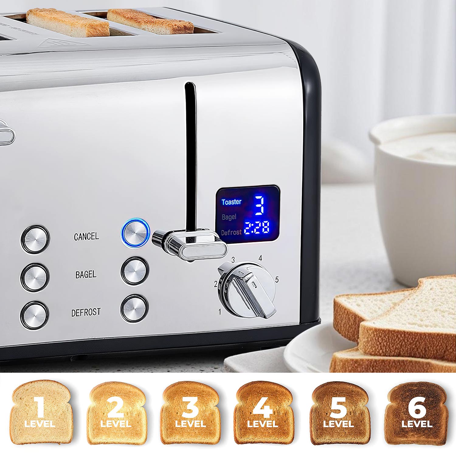 Cusimax 4 Slice Toaster, Stainless Steel Toaster with Ultra-Clear LED Display & Extra Wide Slots, Dual Control Panels of 6 Shade Settings, Cancel/Bagel/Defrost Function, Removable Crumb Trays(UK)