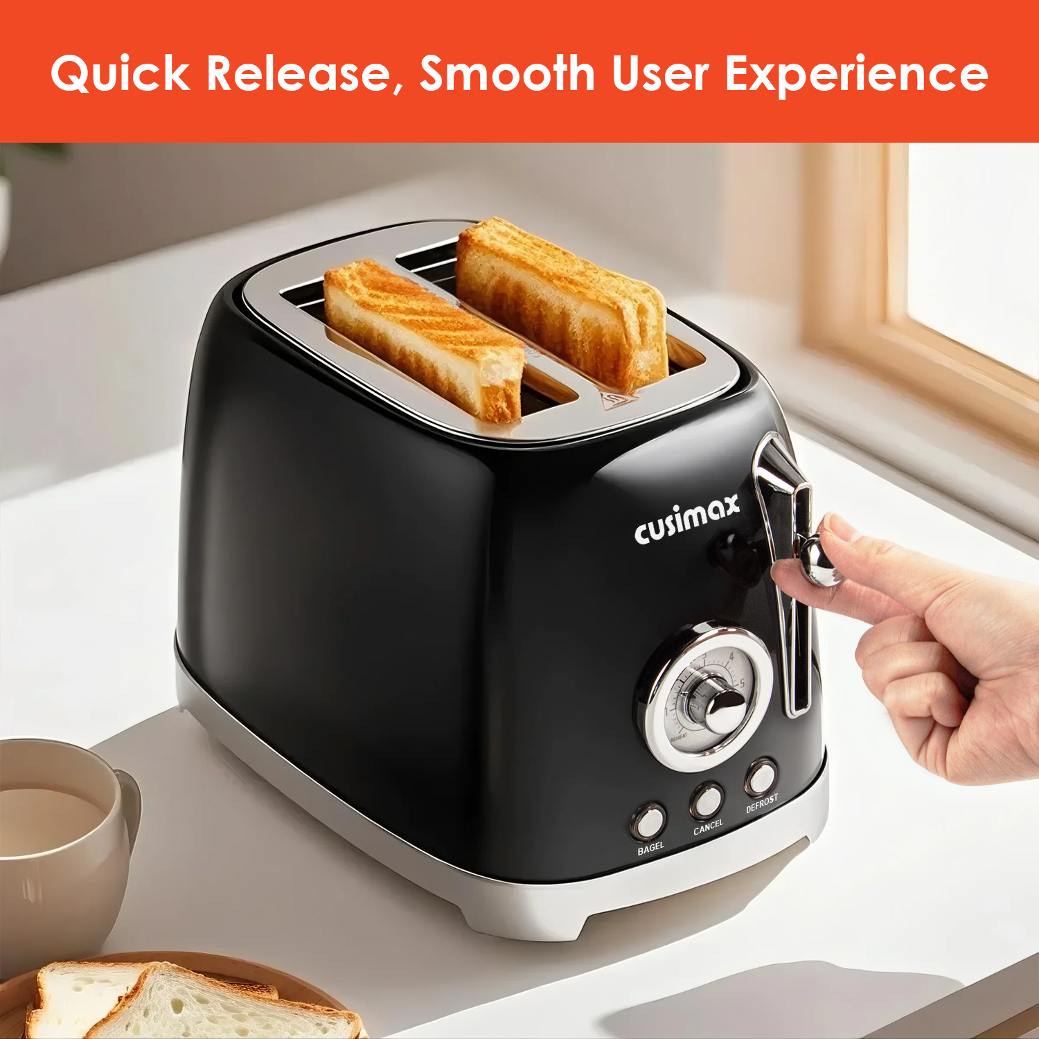 Cusimax Retro Toaster 2 Slice with Extra Wide Slots for Bagels and Waffles, 6 Toast Settings and 4 Functions, Bagel, Cancel, Defrost & Reheat, Removable Crumb Tray