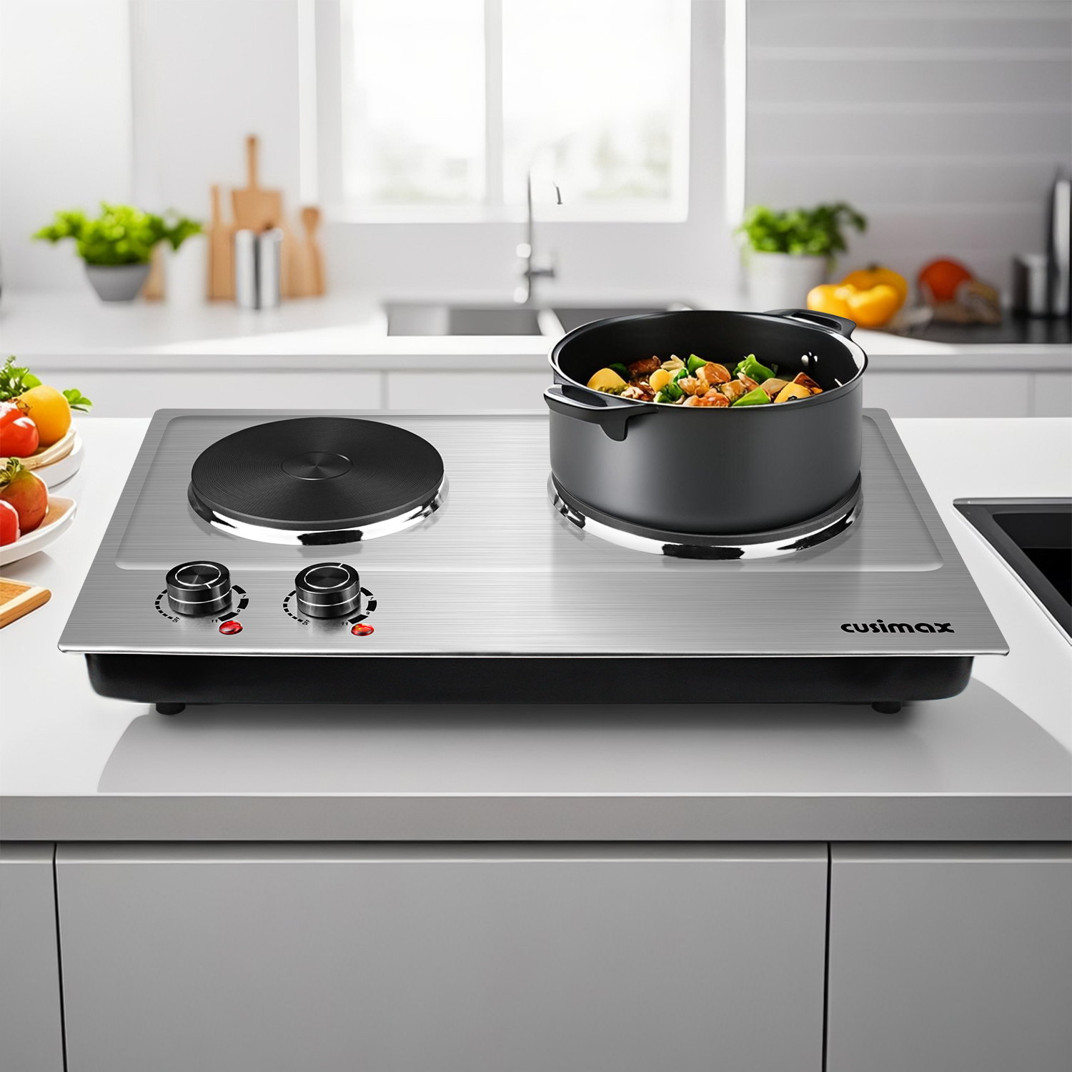 Cusimax 1800W Portable Double Hot Plate,Stainless Steel Countertop Cooktop,Cast Iron Electric Double Burner,Easy To Clean