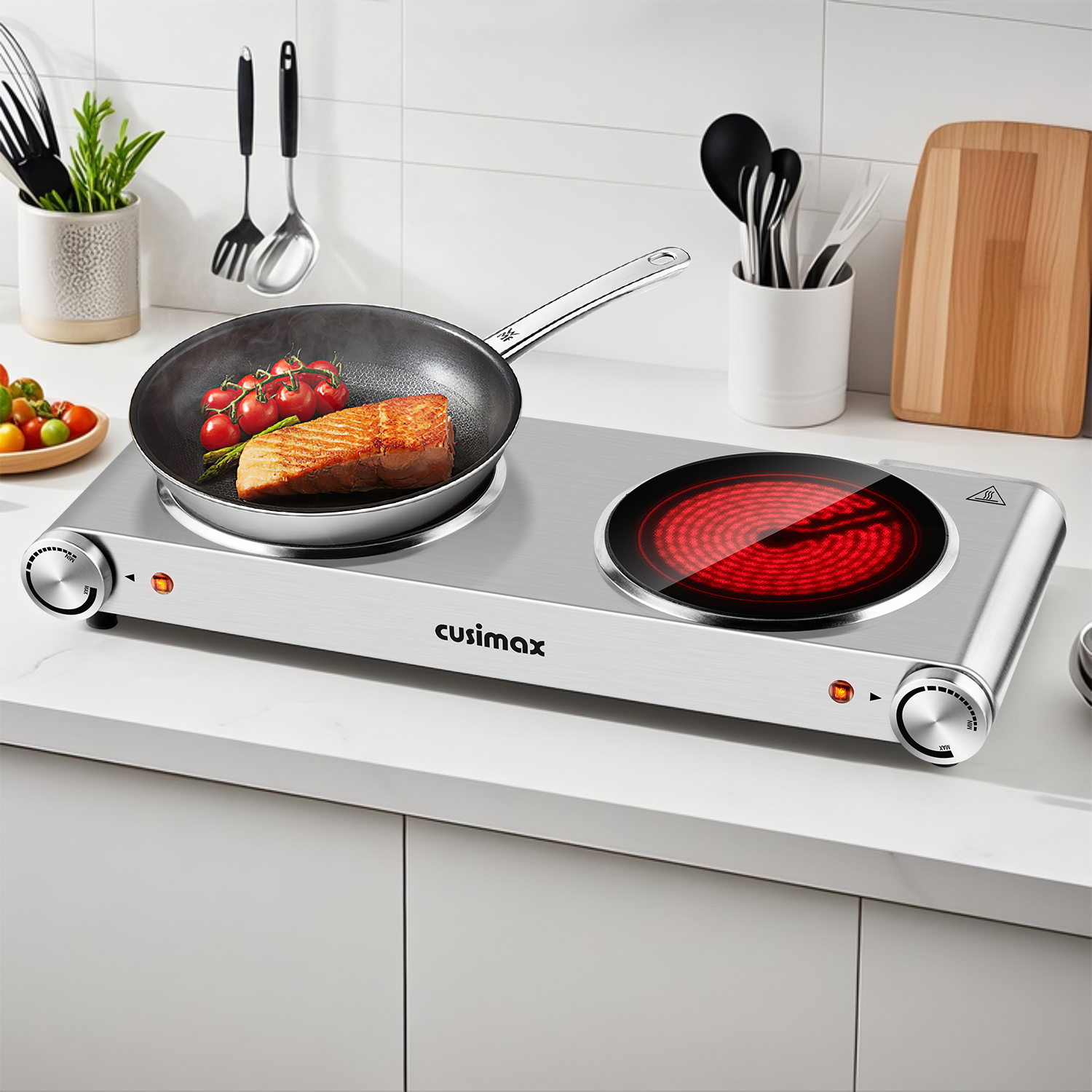 Cusimax Portable 2-Burner 7.1 in. Electric Hot Plate,1800W Glass Dual Countertop Electric Cooktop,Dual Control Stainless Steel Infrared Electric Stove,Compact Stove For Home Dorm Office