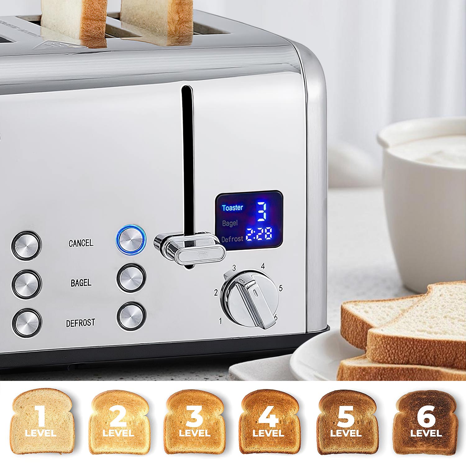 Cusimax 4 Slice Toaster, Stainless Steel Toaster with Ultra-Clear LED Display & Extra Wide Slots, Dual Control Panels of 6 Shade Settings, Cancel/Bagel/Defrost Function, Removable Crumb Trays(DE/FR/IT/ES)
