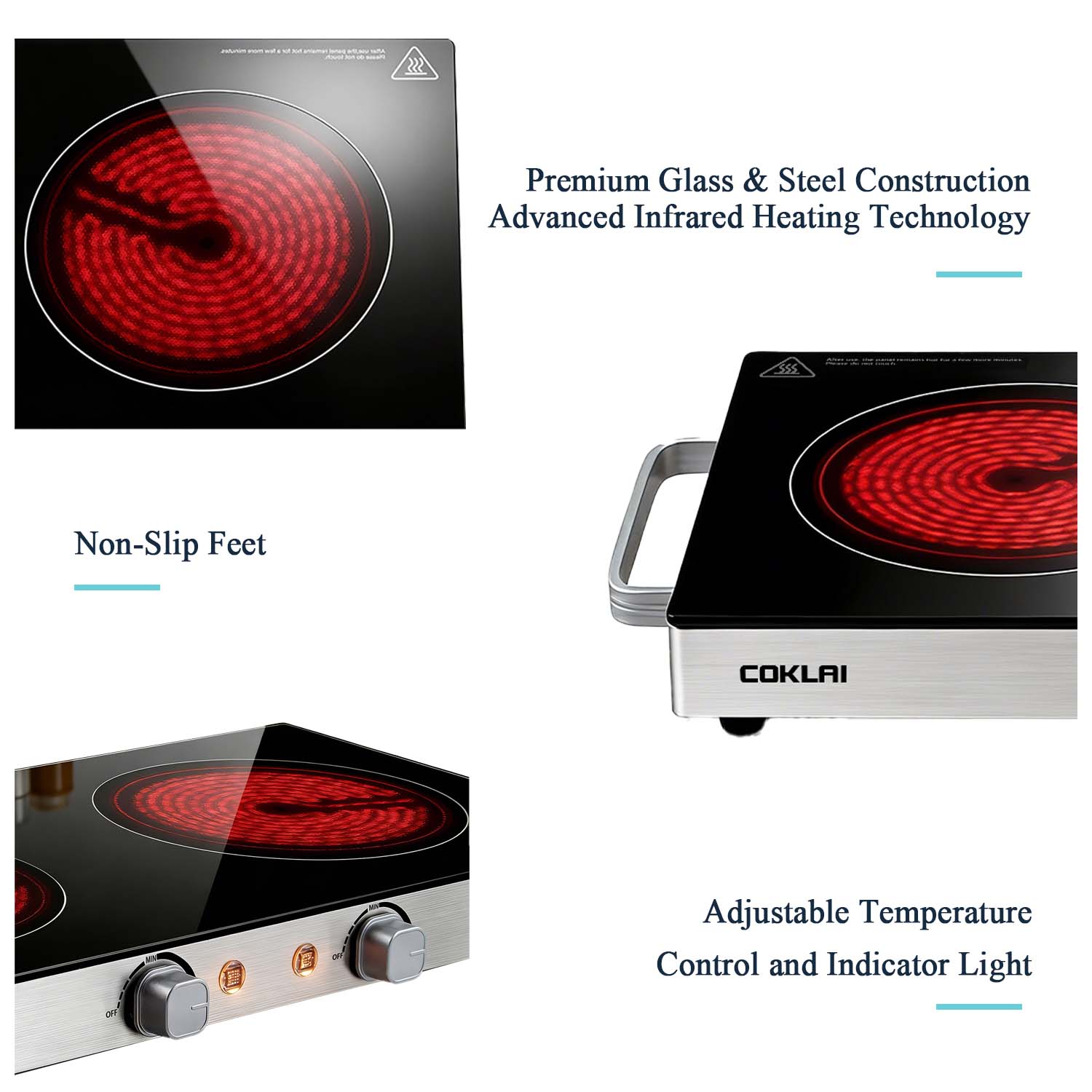 SP COKLAI Double Burner Infrared Glass Electric Hot Plate, Portable Cooktop with Adjustable Temperature, Easy-Clean Surface for Kitchen, Dorm, RV & Camping