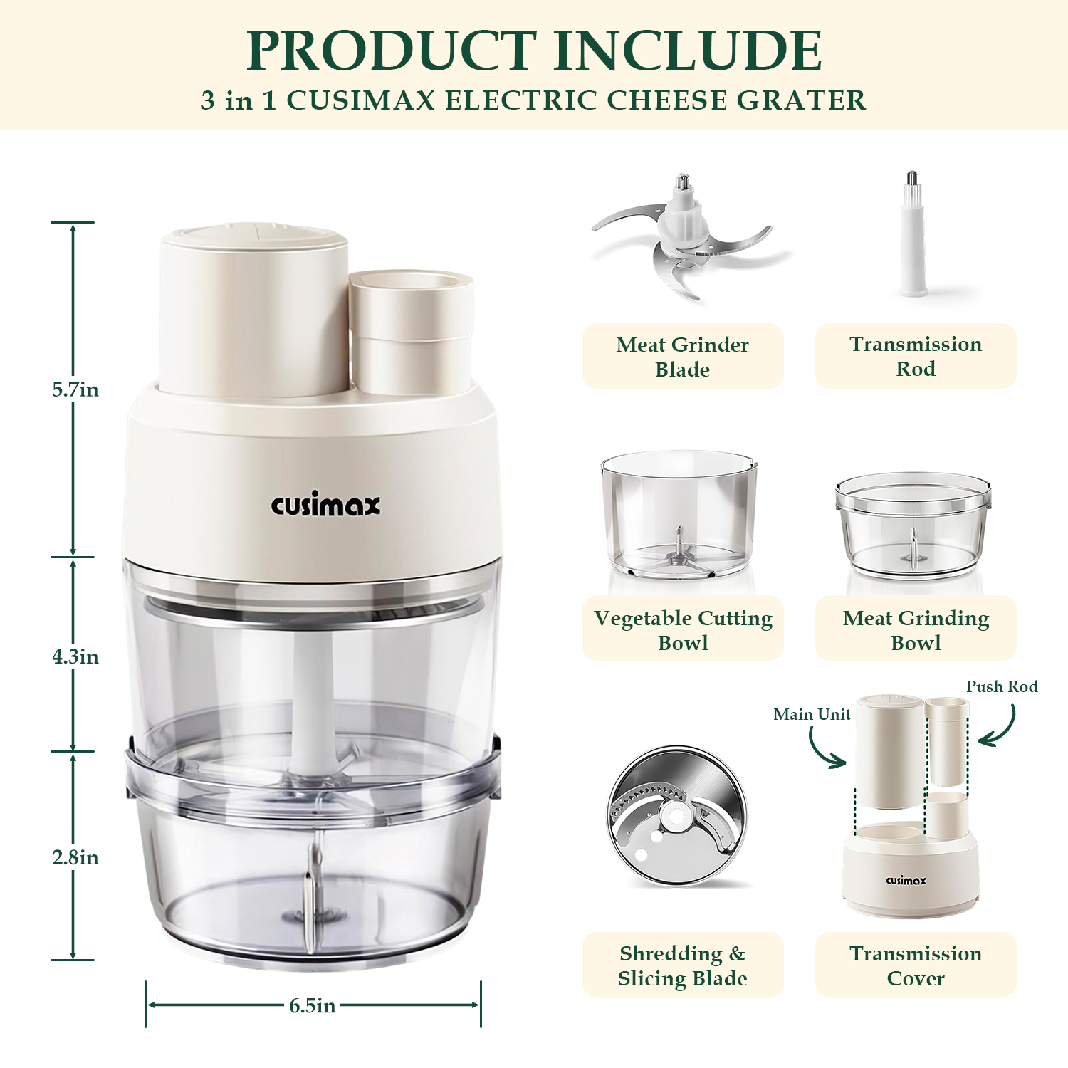 Cusimax Electric Salad Shooter, 230w 2-Speed Control Electric Slicer for Home,Food Processor Easy to Cheese, Vegetable, Meat and Nut,Food Bowl
