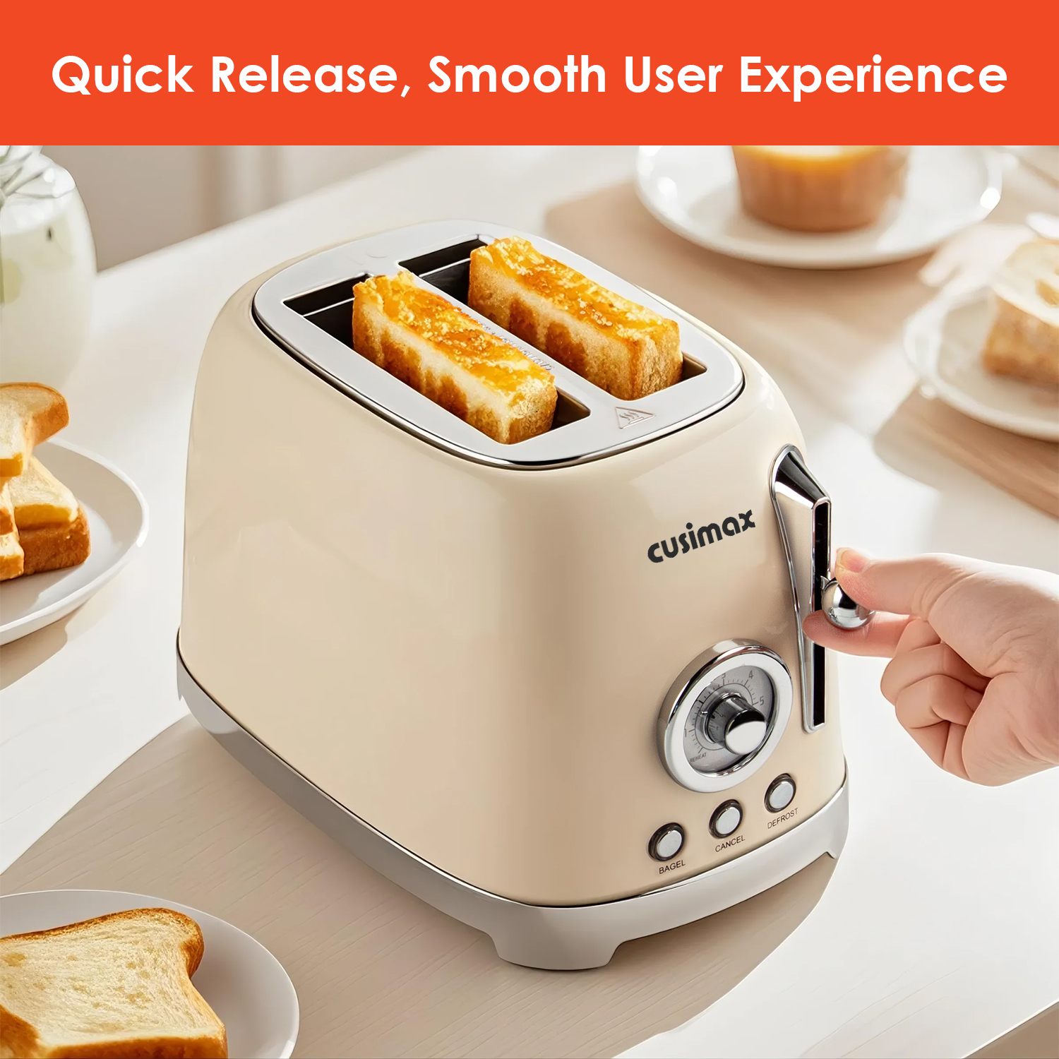 Cusimax Retro Toaster 2 Slice with Extra Wide Slots for Bagels and Waffles, 6 Toast Settings and 4 Functions, Bagel, Cancel, Defrost & Reheat, Removable Crumb Tray
