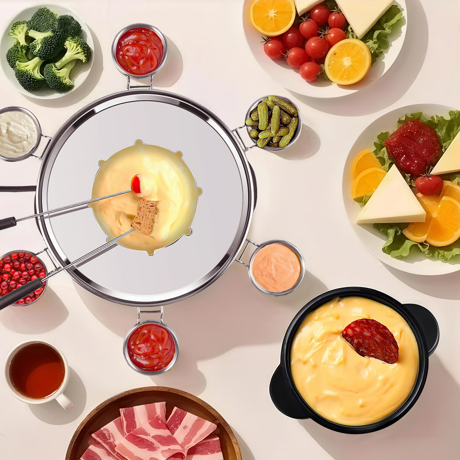 CUSIMAX 1300W Electric Fondue Set – 2L Non-Stick Pot with Temperature Knob, Includes 8 Forks, 6 Cups & Removable Anti-Scald Handle – Perfect for Cheese, Chocolate & Broth（DE）