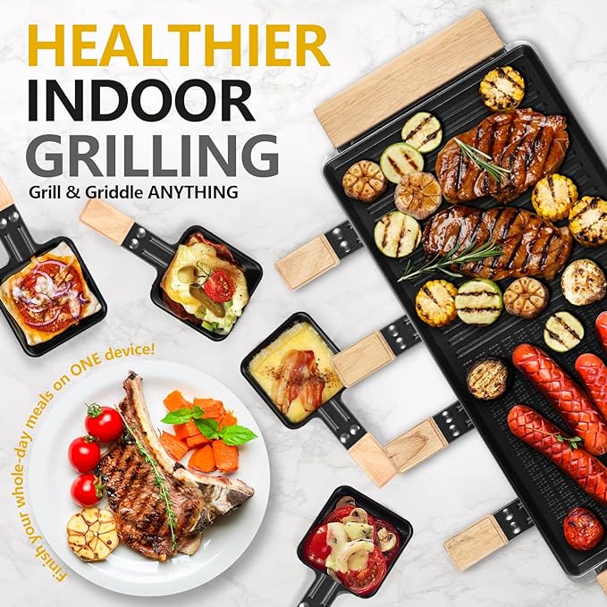CUSIMAX Electric Indoor Grill, Home Style Grill, Convenient with Removable 2-in-1 Non-Stick Griddle, 8 Cheese Plates and Wooden Spatula, Wooden Base New Model, Essential for Indoor Grilling, Gatherings of Many People