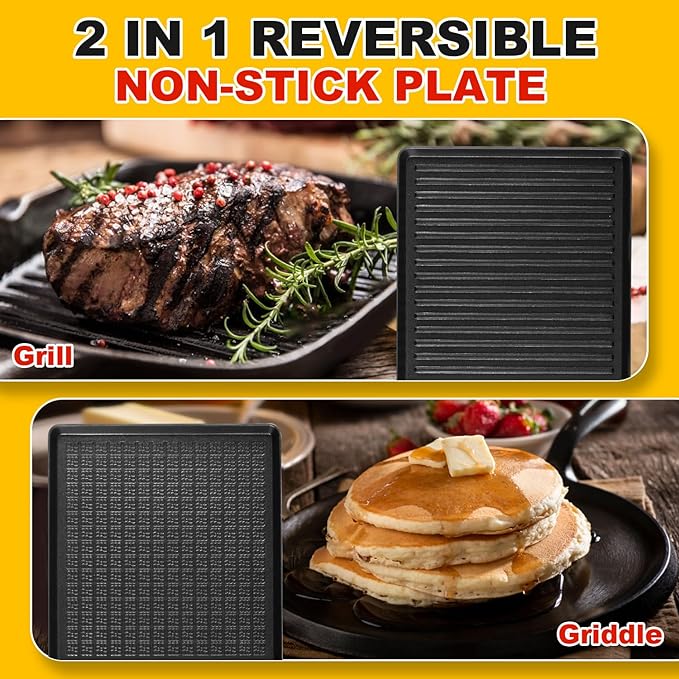 CUSIMAX Electric Indoor Grill, Home Style Grill, Convenient with Removable 2-in-1 Non-Stick Griddle, 8 Cheese Plates and Wooden Spatula, Wooden Base New Model, Essential for Indoor Grilling, Gatherings of Many People