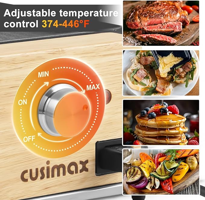 CUSIMAX Electric Indoor Grill, Home Style Grill, Convenient with Removable 2-in-1 Non-Stick Griddle, 8 Cheese Plates and Wooden Spatula, Wooden Base New Model, Essential for Indoor Grilling, Gatherings of Many People