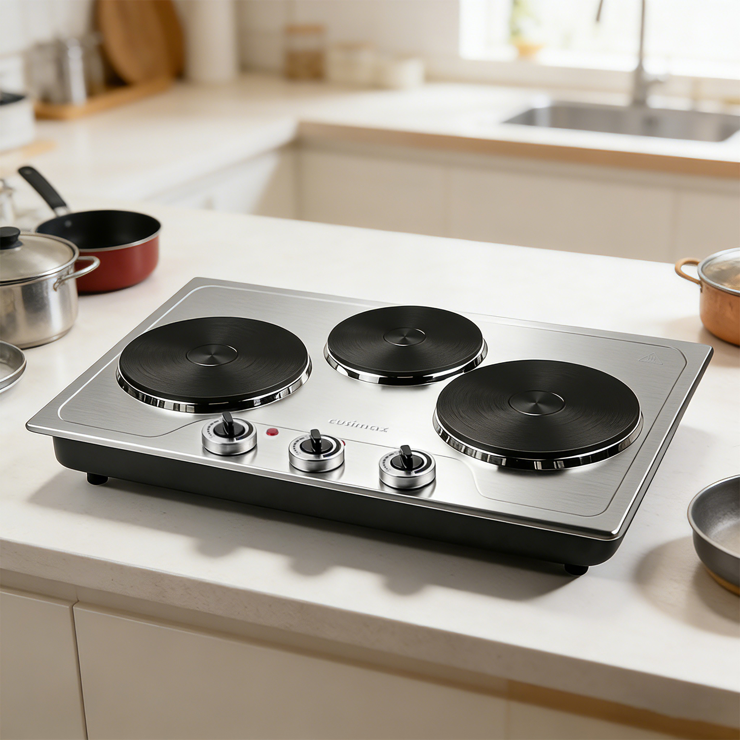 CUSIMAX 1800W Triple Burner Electric Hot Plate, Portable Stainless Steel Cooktop with 3 Independent Temperature Controls, Built-In or Countertop Electric Stove, Compatible with All Cookware