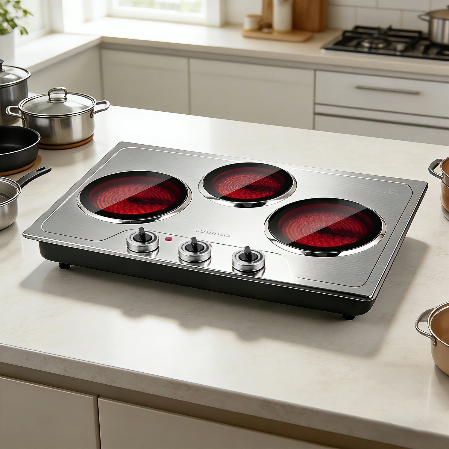 CUSIMAX 1800W Triple Infrared Electric Hot Plate, Portable Cooktop with 3 Independent Temperature Controls, Simultaneous Cooking for 3 Dishes, Compatible with All Cookware, Stainless Steel, Easy to Clean