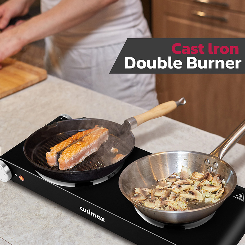 CUSIMAX Double Hot Plate, 2500W Portable Electric Burner – Dual Cast Iron Rings for Even Heating, Compatible with All Cookware, Efficient Heating for Faster Cooking, Tabletop Electric Hob for Home, Office, or Camping, Sleek Black Design(UK)
