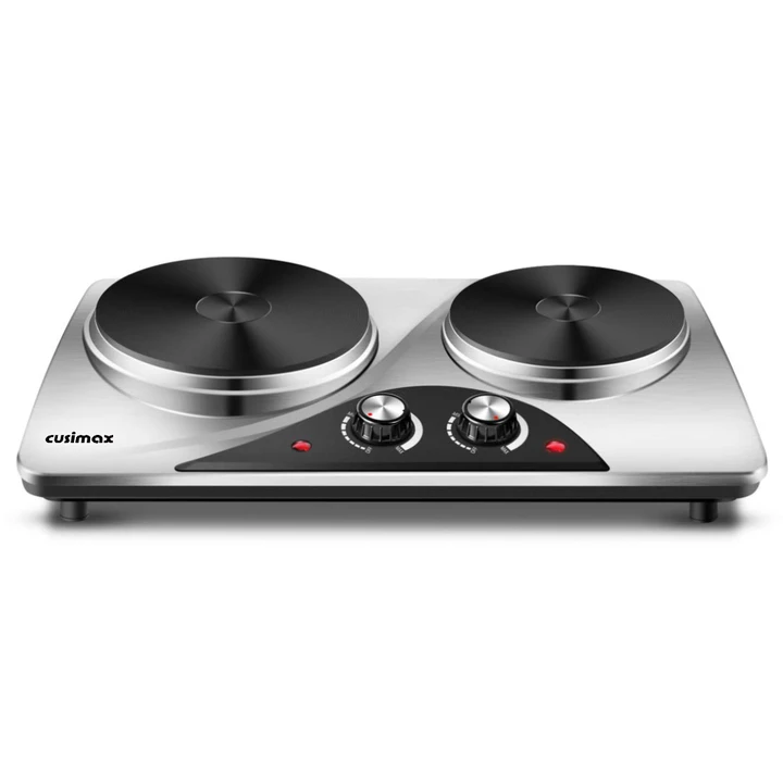 Cusimax 1800W Electric Double Hot Plate,Countertop Cast Iron Burner,Temperature Controls,Power Indicator Lights,Easy To Clean,Silver