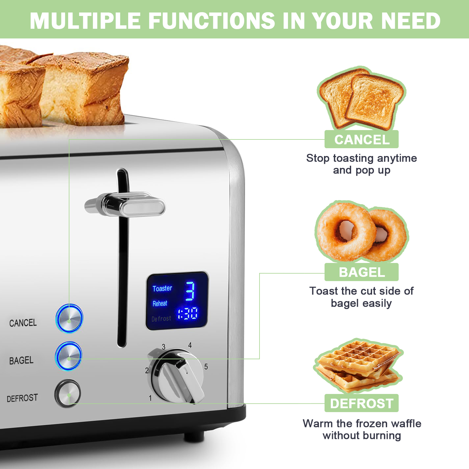 Cusimax 4 Slice Toaster, Stainless Steel Toaster with Ultra-Clear LED Display & Extra Wide Slots, Dual Control Panels of 6 Shade Settings, Cancel/Bagel/Defrost Function, Removable Crumb Trays(DE/FR/IT/ES)