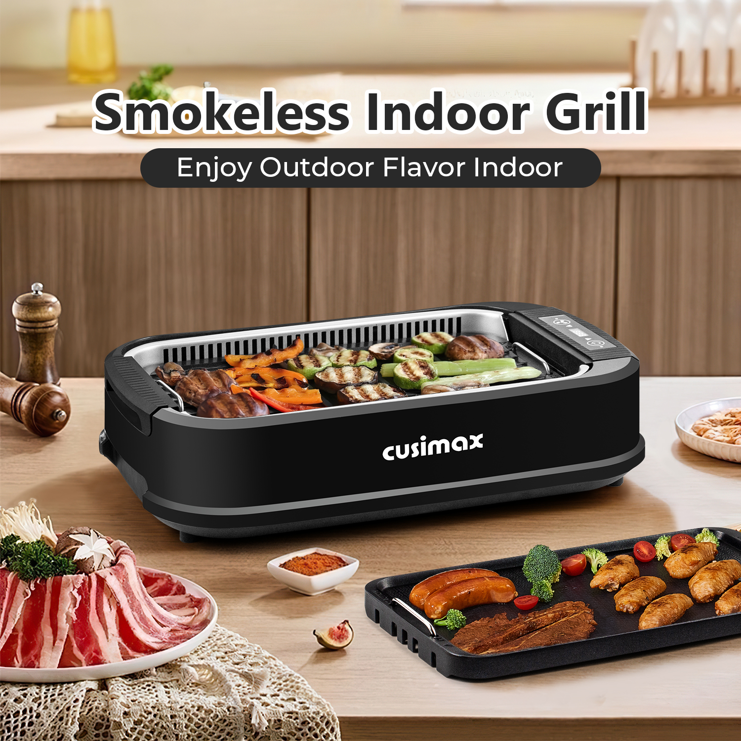 Cusimax Smokeless Electric Grill with Turbo Smoke Extractor, Portable Grill with 2 Non-Stick Grill Plates, Stainless Steel Indoor Grill for Home and BBQ Parties
