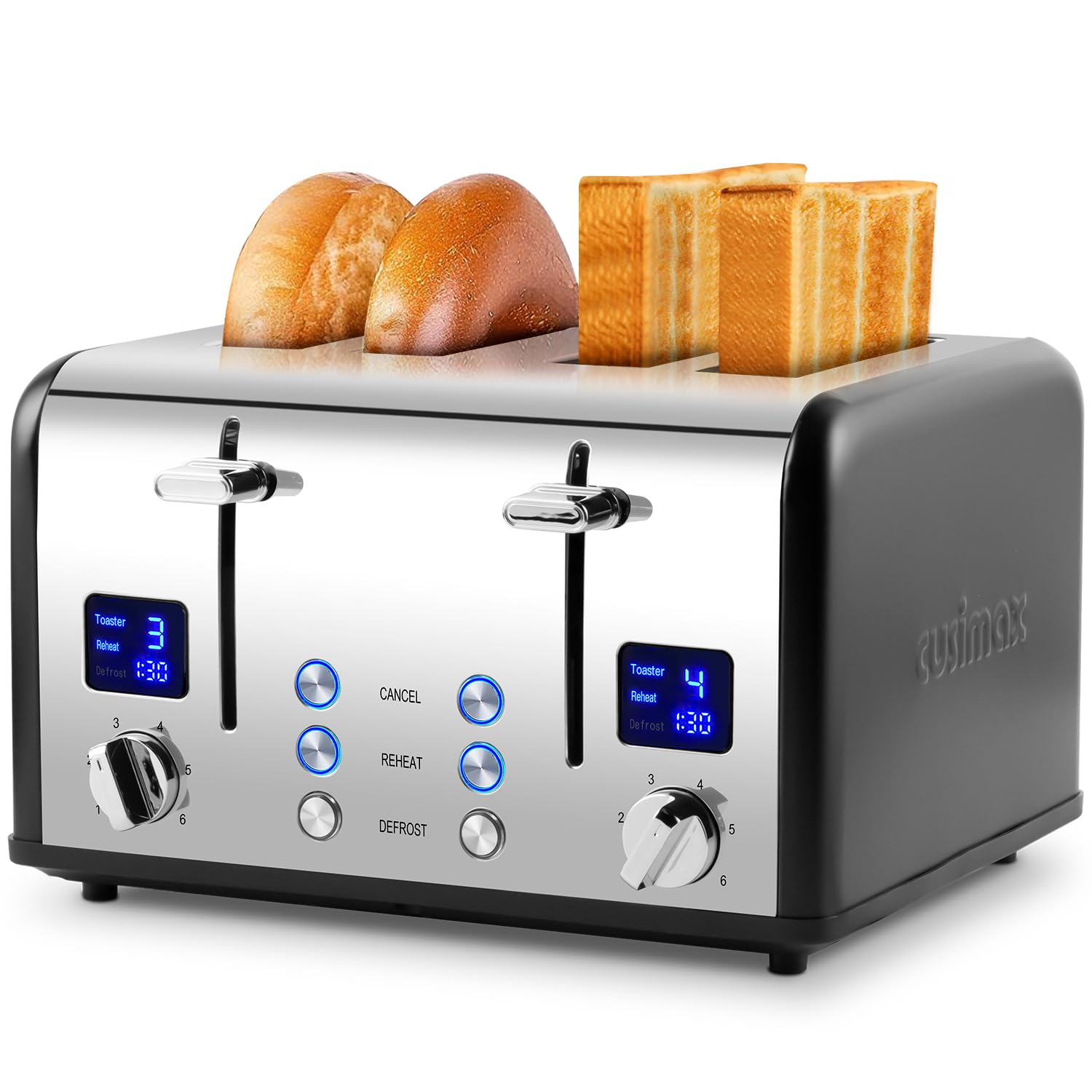 Cusimax 4 Slice Toaster, Stainless Steel Toaster with Ultra-Clear LED Display & Extra Wide Slots, Dual Control Panels of 6 Shade Settings, Cancel/Bagel/Defrost Function, Removable Crumb Trays(UK)