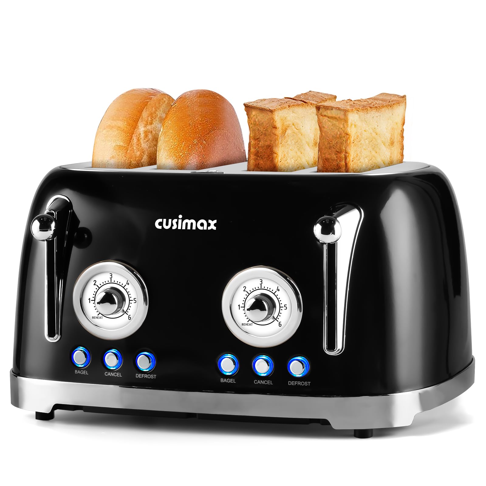 Cusimax Retro Toaster 4 Slice with Extra Wide Slots for Bagels and Waffles,6 Browning Levels and 4 Functions,Stainless Steel Toaster with Auto Shut-off and Cancel Button,Removable Crumb Tray