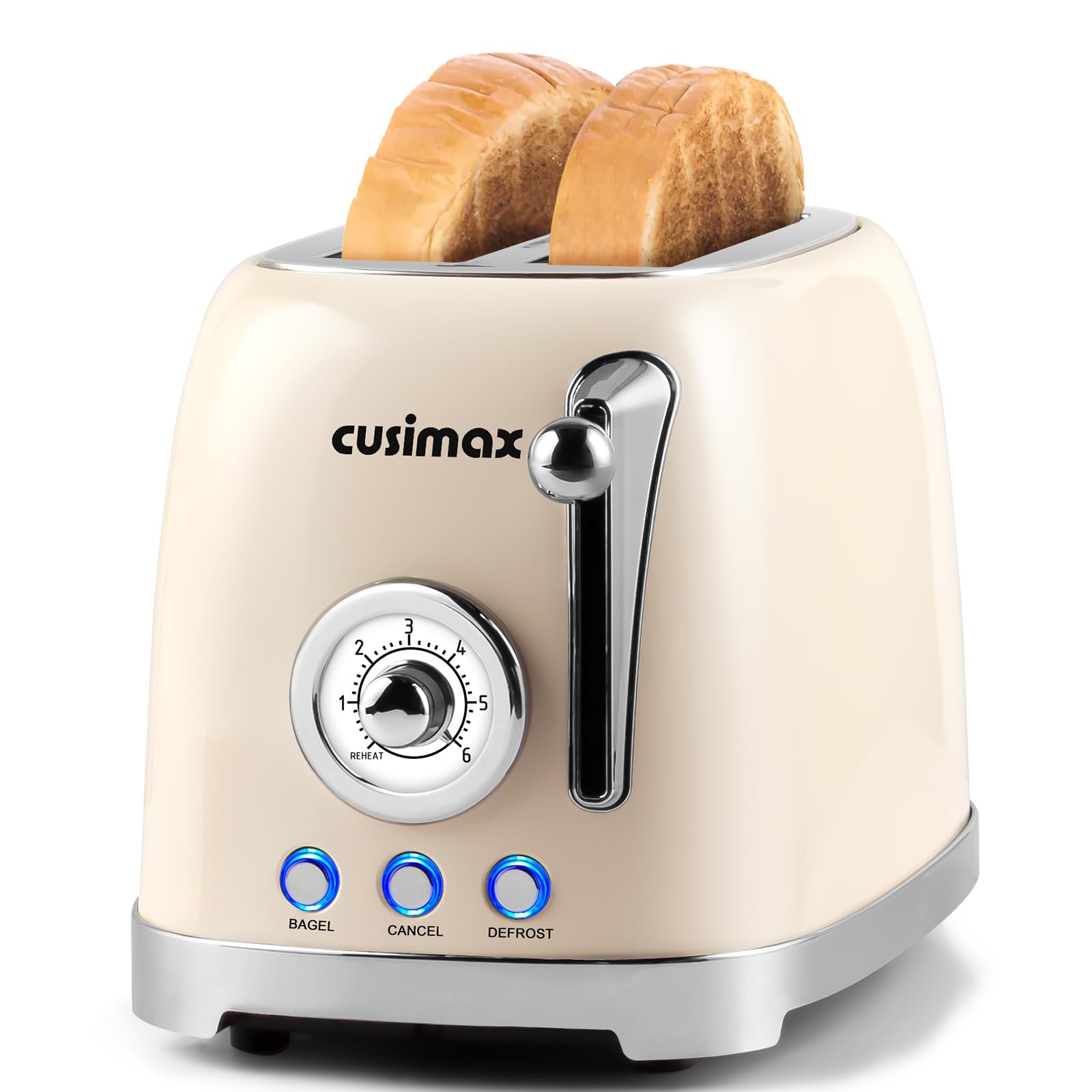 Cusimax Retro Toaster 2 Slice with Extra Wide Slots for Bagels and Waffles, 6 Toast Settings and 4 Functions, Bagel, Cancel, Defrost & Reheat, Removable Crumb Tray