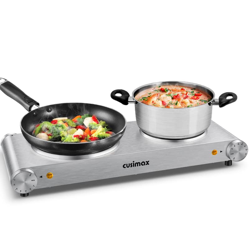 SP Cusimax 1800W Stainless Steel Electric Hot Plate Double Burner For Cooking,Cast Iron Countertop Cooktop With Temperature Control,Portable Electric Stove,Compatible for All Cookware