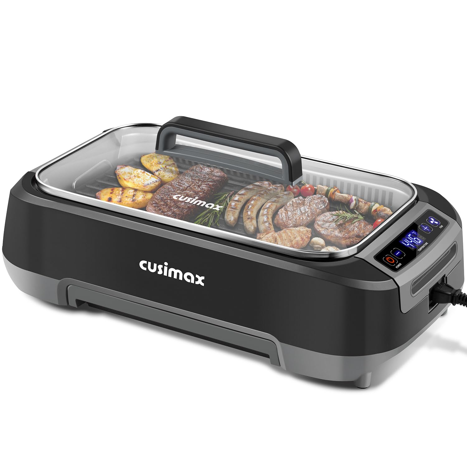 Cusimax 1500W Smokeless Indoor Grill with LED Smart Display & Non-stick Removable Grill Plate,Tempered Glass Lid,Turbo Smoke Extractor,212℉ to 446℉