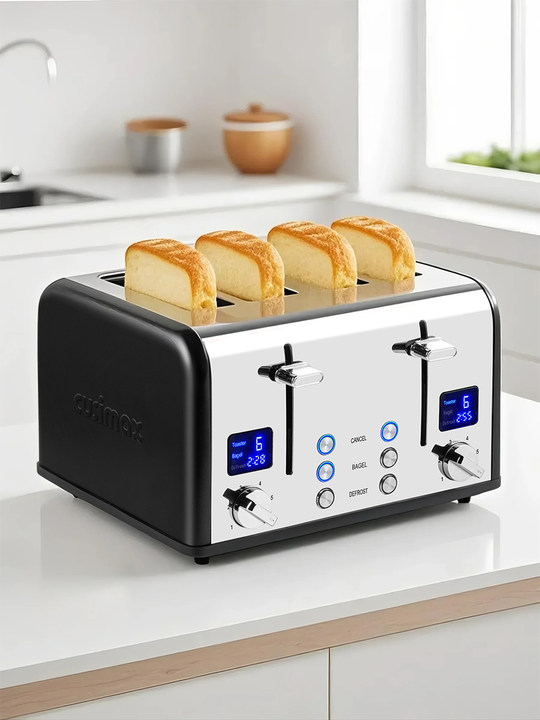 [Copy]Cusimax 4 Slice Toaster, Stainless Steel Toaster with Ultra-Clear LED Display & Extra Wide Slots, Dual Control Panels of 6 Shade Settings, Cancel/Bagel/Defrost Function, Removable Crumb Trays