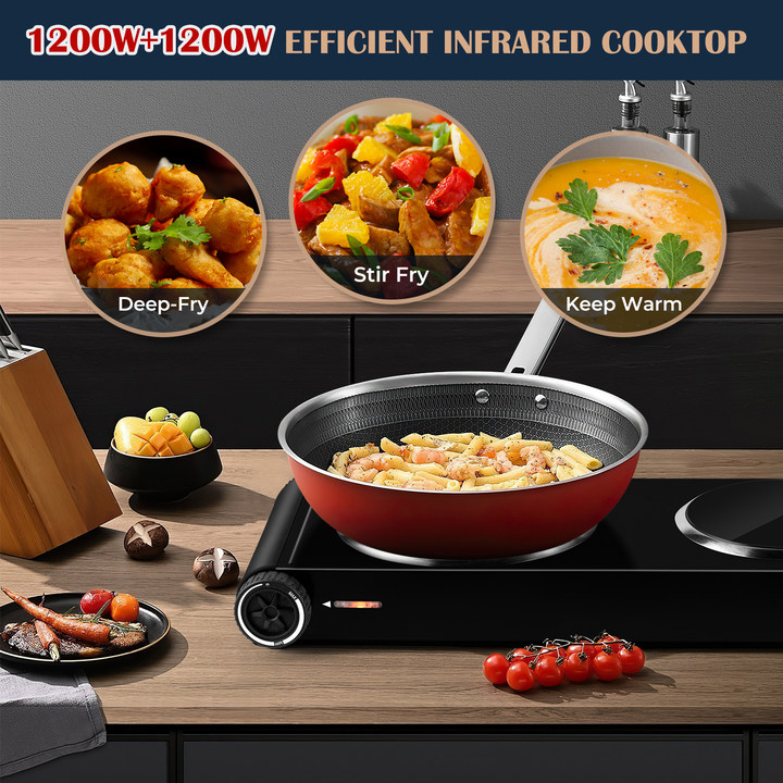 Cusimax 2400W Infrared  Dual Hobs Hot Plate – Compact, Stylish & Powerful Portable Cooktop for Home & Camping, Upgraded Stainless Steel Design with Dual Temperature Control