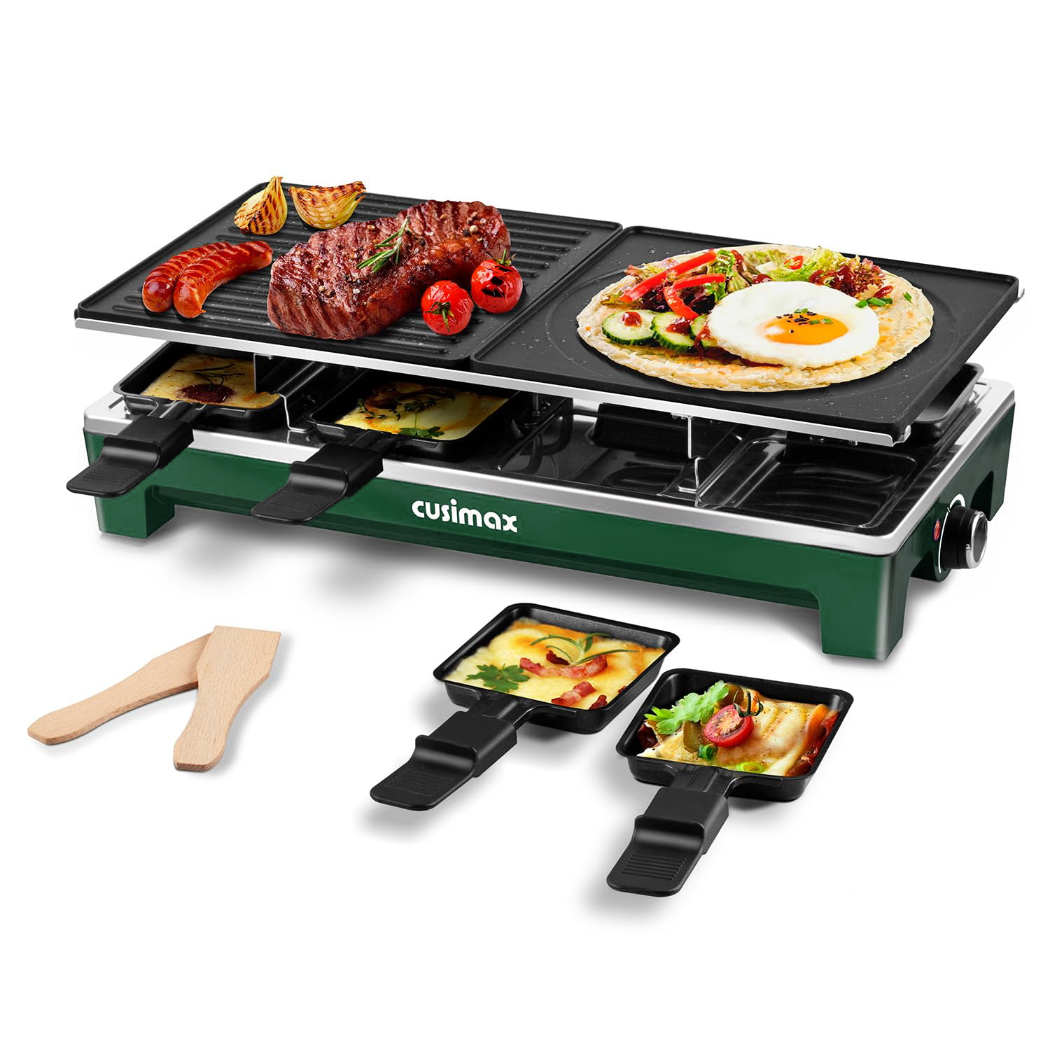 Cusimax 2-in-1 Electric Raclette & Grill – Portable Non-stick Reversible Plates for Korean BBQ, Perfect for Family Fun with 8 Paddles & Spatulas, New Black Model