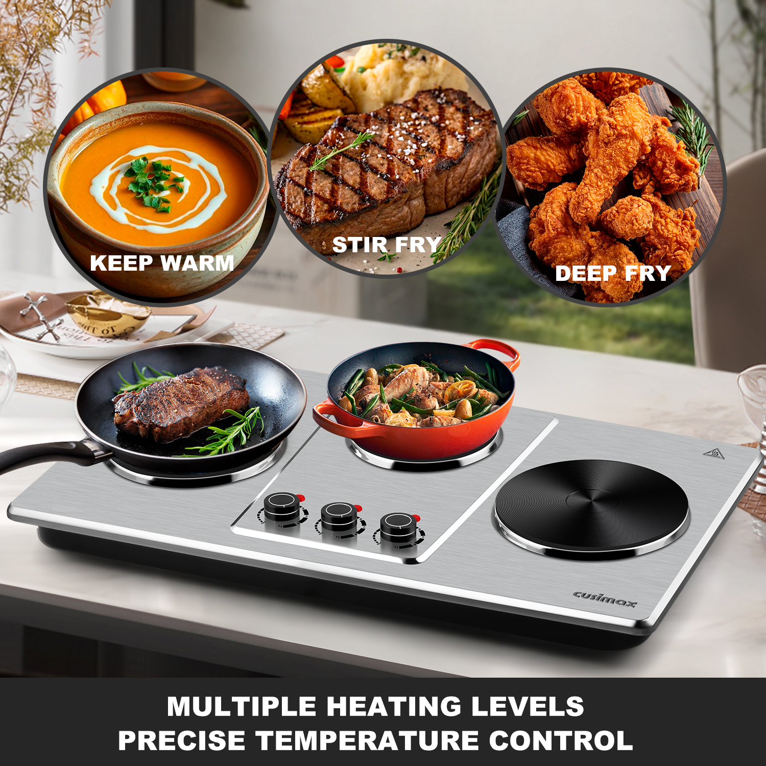Cusimax Hot Plate,Countertop Triple Burner with 7″Cast Iron Cooktop,Electric Hot Plate for Cooking,11 Level Temperature Setting