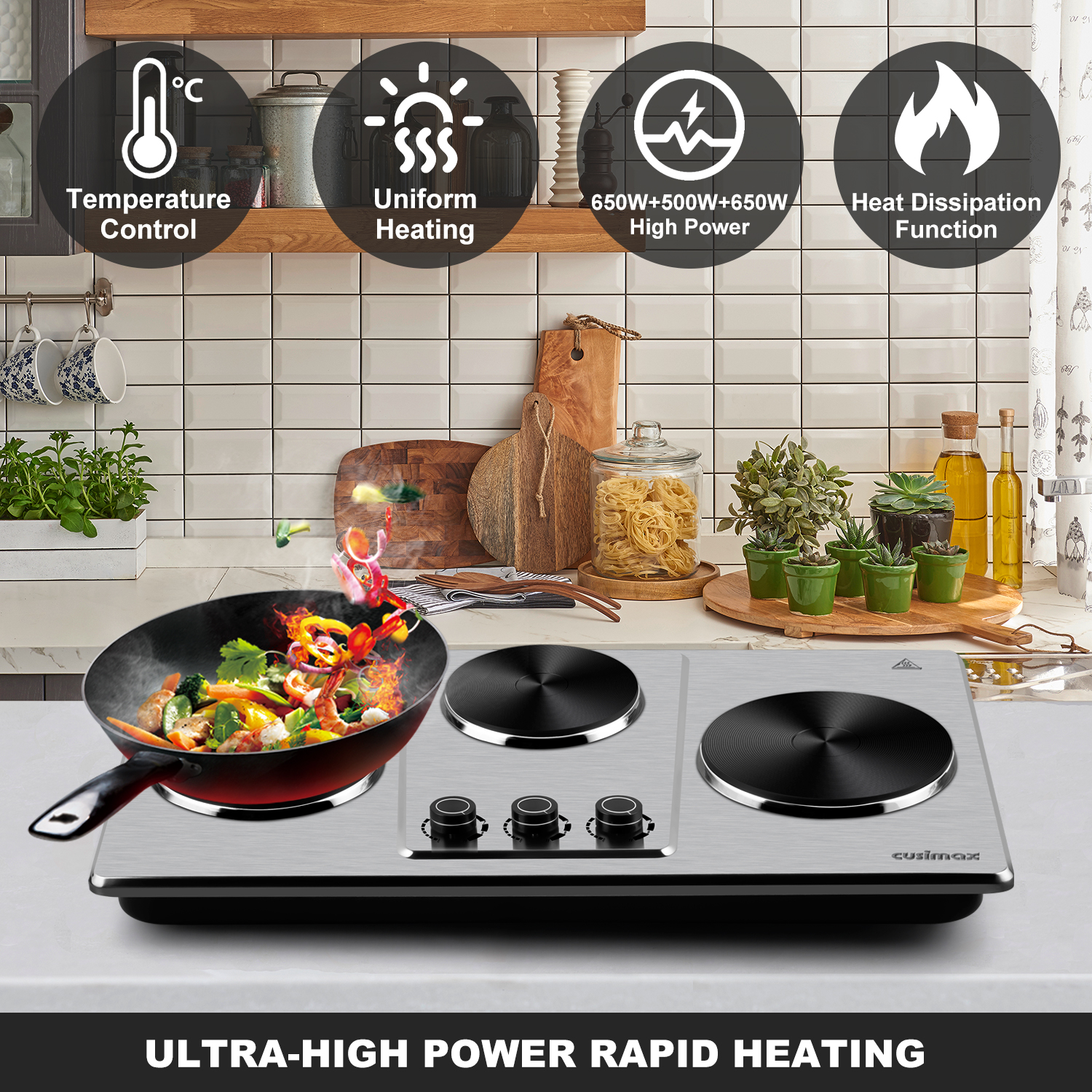 Cusimax Hot Plate,Countertop Triple Burner with 7″Cast Iron Cooktop,Electric Hot Plate for Cooking,11 Level Temperature Setting
