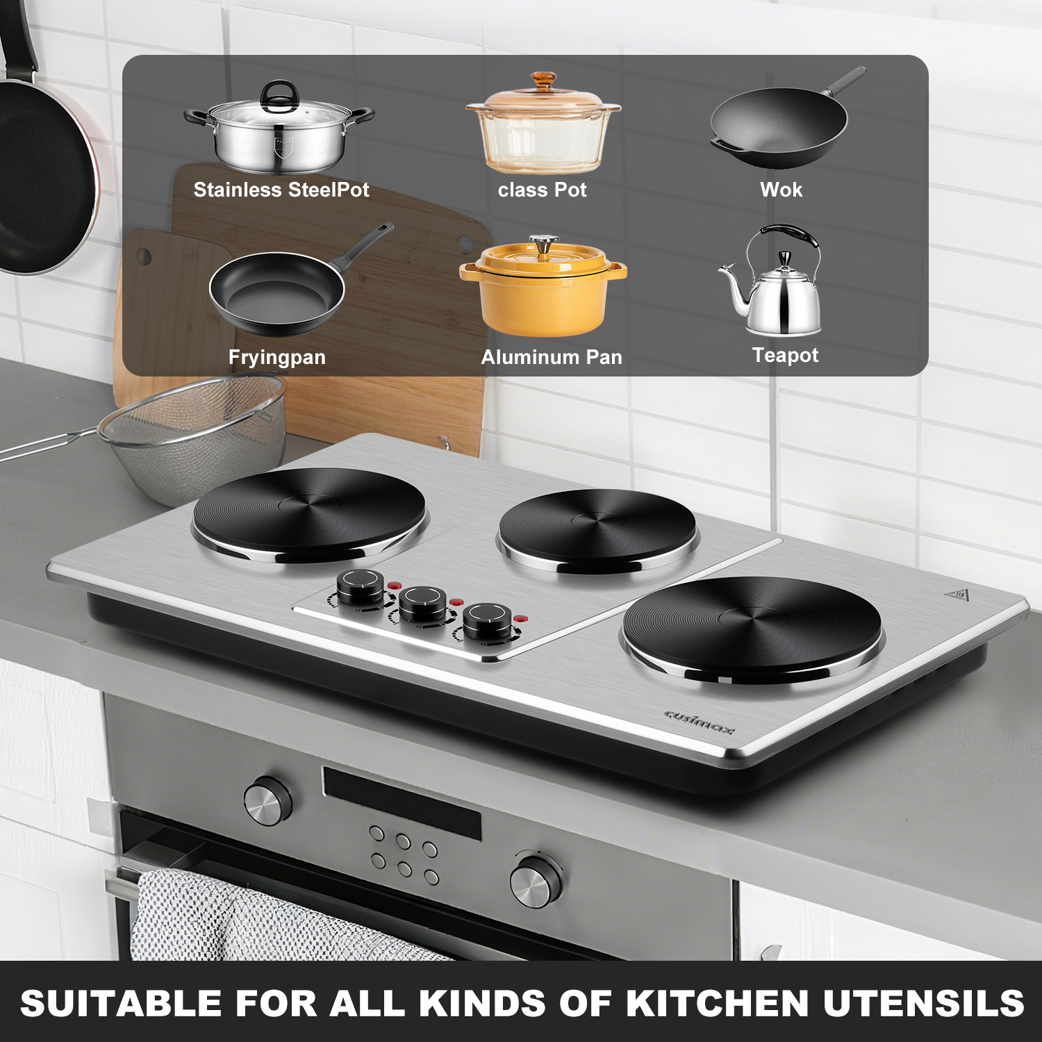 Cusimax Hot Plate,Countertop Triple Burner with 7″Cast Iron Cooktop,Electric Hot Plate for Cooking,11 Level Temperature Setting