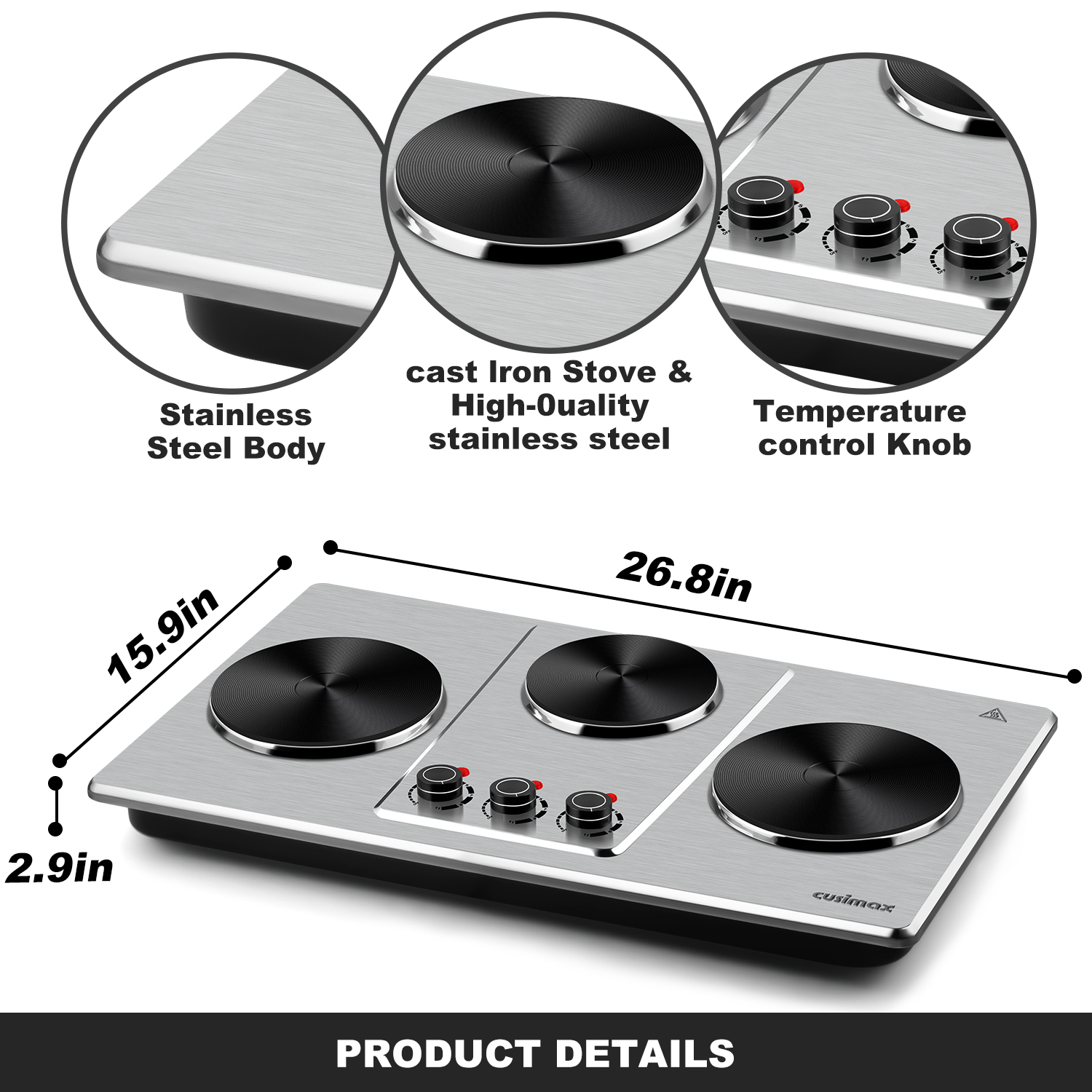 Cusimax Hot Plate,Countertop Triple Burner with 7″Cast Iron Cooktop,Electric Hot Plate for Cooking,11 Level Temperature Setting