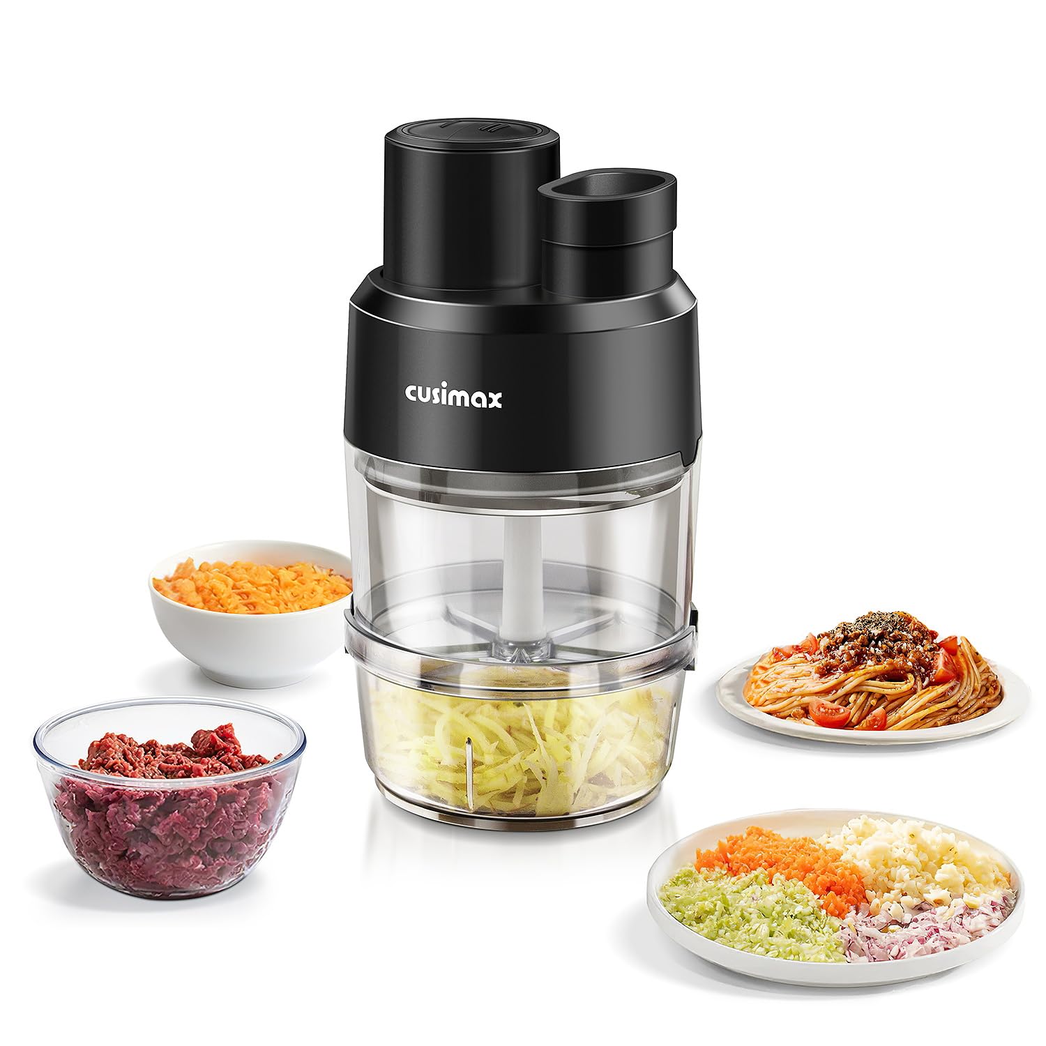 Cusimax Food Processor,Electric Food Chopper with Double Bowls, Easy to Veg,Meat,Fruit,3 In 1 Vegetable Chopper,2-Speed 230w Motor,Have Safety Settings,Black
