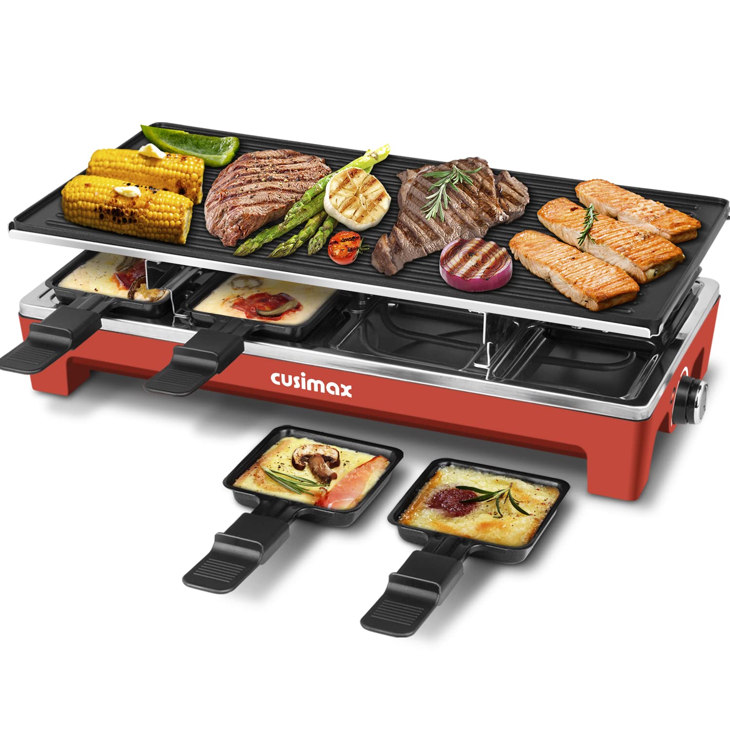 Cusimax 2 in 1 Electric Raclette Grill,Indoor Portable Electric BBQ Grill,Reversible Non-stick plate,Crepe Maker with Adjustable temperature control and 8 Paddles,Easy To Clean