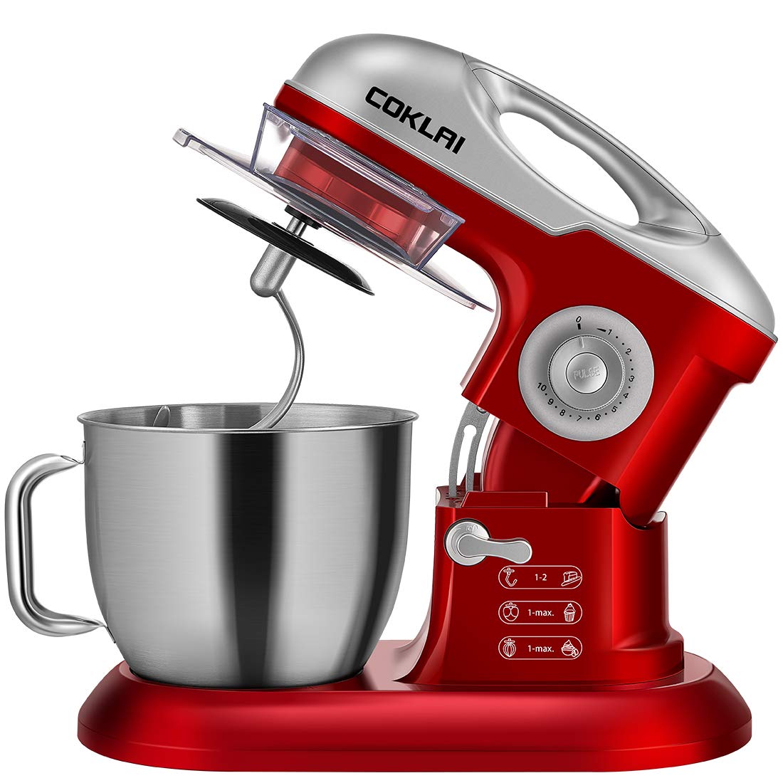 COKLAI 660W Stand Mixer, 7.3-Quart Tilt-Head Electric Dough Mixer with Stainless Steel Bowl - Includes Dough Hook, Flat Beater, Wire Whisk & Splash Guard - Red (Professional Kitchen Mixer for Baking)