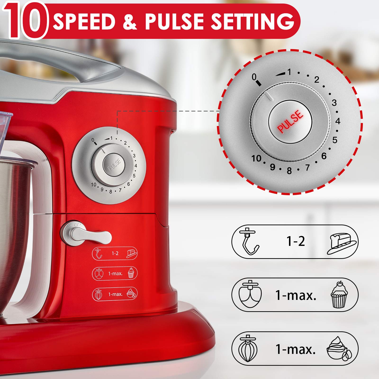 COKLAI 660W Stand Mixer, 7.3-Quart Tilt-Head Electric Dough Mixer with Stainless Steel Bowl - Includes Dough Hook, Flat Beater, Wire Whisk & Splash Guard - Red (Professional Kitchen Mixer for Baking)