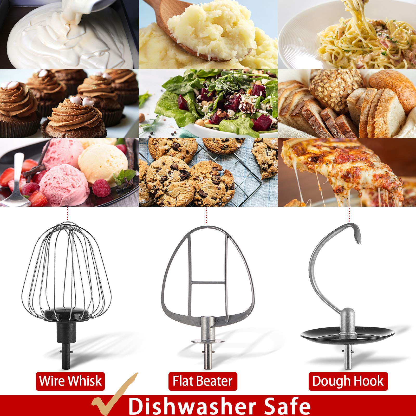 COKLAI 660W Stand Mixer, 7.3-Quart Tilt-Head Electric Dough Mixer with Stainless Steel Bowl - Includes Dough Hook, Flat Beater, Wire Whisk & Splash Guard - Red (Professional Kitchen Mixer for Baking)