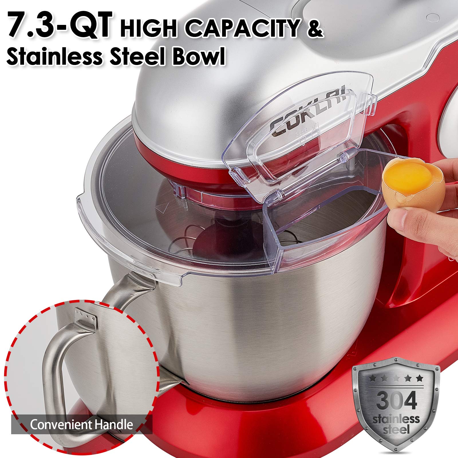 COKLAI 660W Stand Mixer, 7.3-Quart Tilt-Head Electric Dough Mixer with Stainless Steel Bowl - Includes Dough Hook, Flat Beater, Wire Whisk & Splash Guard - Red (Professional Kitchen Mixer for Baking)