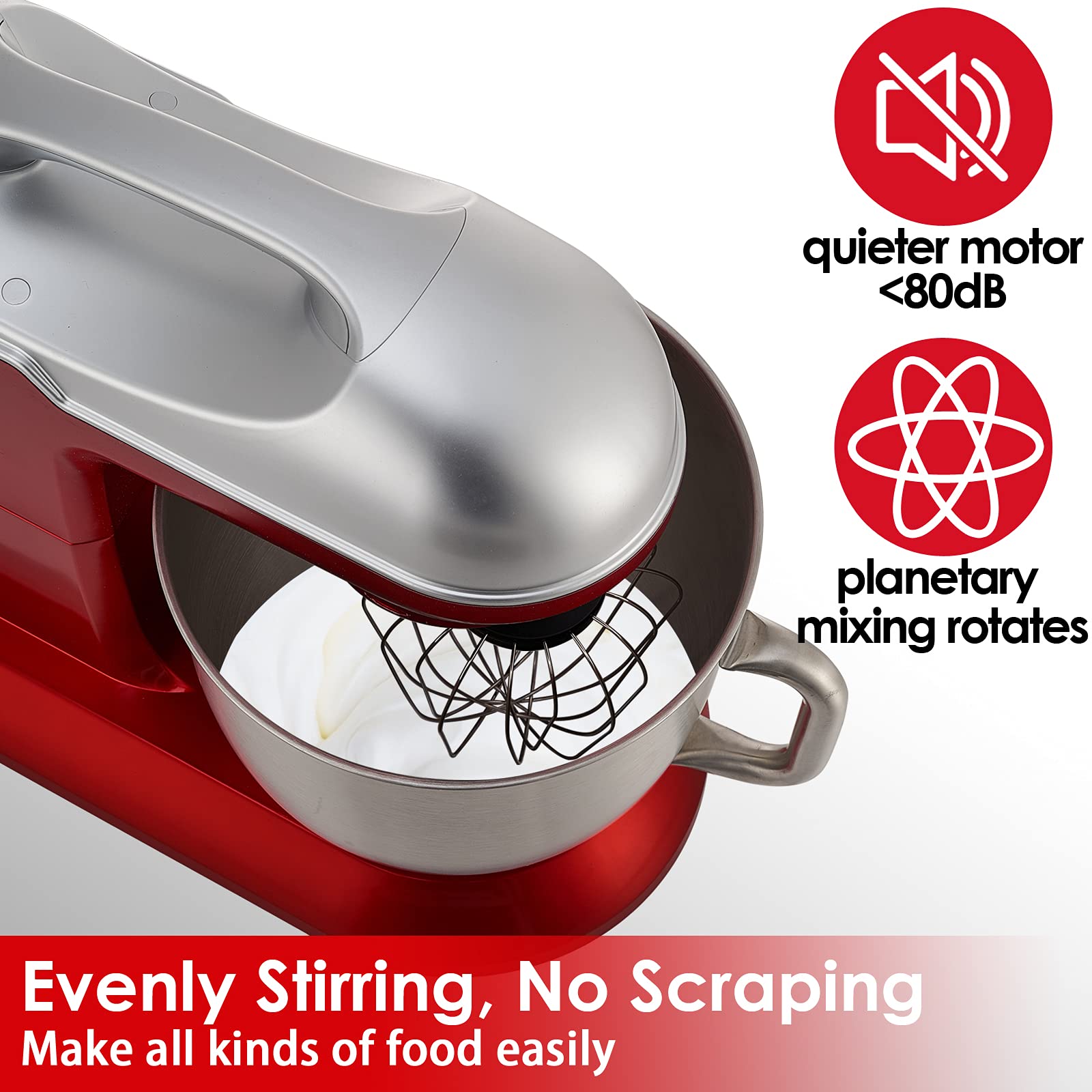 COKLAI 660W Stand Mixer, 7.3-Quart Tilt-Head Electric Dough Mixer with Stainless Steel Bowl - Includes Dough Hook, Flat Beater, Wire Whisk & Splash Guard - Red (Professional Kitchen Mixer for Baking)